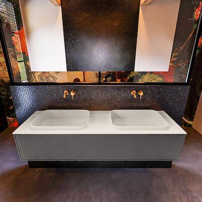 Badkamermeubelset Mondiaz Erin 150 cm met 1 Lade met RIDGE Wastafel Dubbel Linen Zonder Kraangaten Greeploos Mat Dark Grey