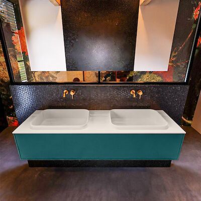 Badkamermeubelset Mondiaz Erin 150 cm met 1 Lade met RIDGE Wastafel Dubbel Linen Zonder Kraangaten Greeploos Mat Smag