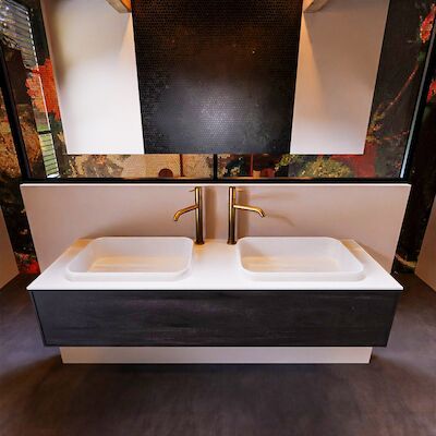 Badkamermeubelset Mondiaz Erin 150 cm met 1 Lade met RIDGE Wastafel Dubbel Talc met 2 kraangaten Greeploos Mat Dark Brown