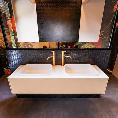Badkamermeubelset Mondiaz Erin 150 cm met 1 Lade met RIDGE Wastafel Dubbel Talc met 2 kraangaten Greeploos Mat Rosee