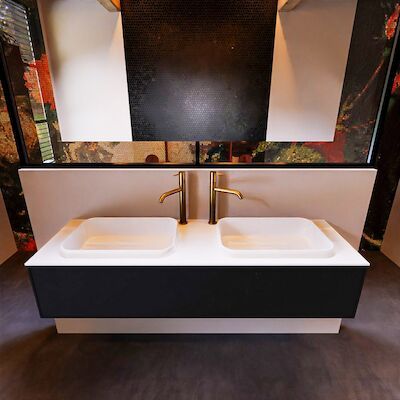 Badkamermeubelset Mondiaz Erin 150 cm met 1 Lade met RIDGE Wastafel Dubbel Talc met 2 kraangaten Greeploos Mat Urban