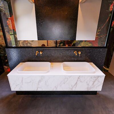 Badkamermeubelset Mondiaz Erin 150 cm met 1 Lade met RIDGE Wastafel Dubbel Talc Zonder Kraangaten Greeploos Mat Carrara