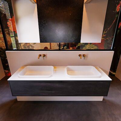 Badkamermeubelset Mondiaz Erin 150 cm met 1 Lade met RIDGE Wastafel Dubbel Talc Zonder Kraangaten Greeploos Mat Dark Brown