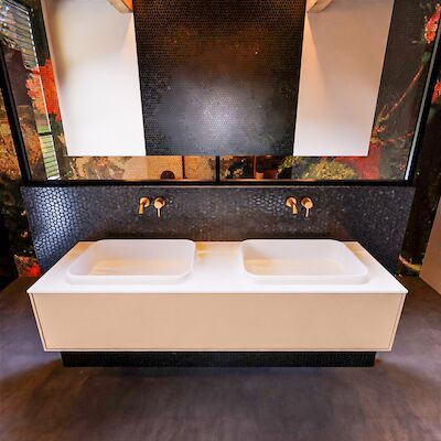 Badkamermeubelset Mondiaz Erin 150 cm met 1 Lade met RIDGE Wastafel Dubbel Talc Zonder Kraangaten Greeploos Mat Rosee