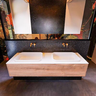 Badkamermeubelset Mondiaz Erin 150 cm met 1 Lade met RIDGE Wastafel Dubbel Talc Zonder Kraangaten Greeploos Mat Washed Oak