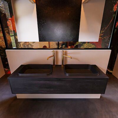Badkamermeubelset Mondiaz Erin 150 cm met 1 Lade met RIDGE Wastafel Dubbel Urban met 2 kraangaten Greeploos Mat Antracite
