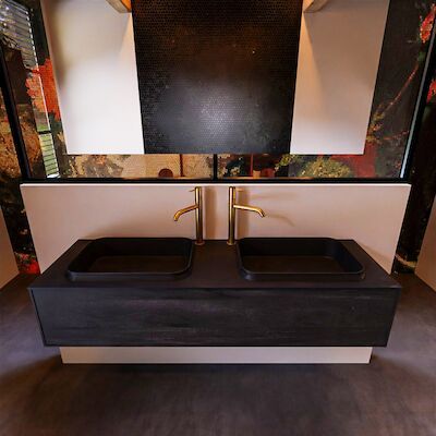 Badkamermeubelset Mondiaz Erin 150 cm met 1 Lade met RIDGE Wastafel Dubbel Urban met 2 kraangaten Greeploos Mat Dark Brown