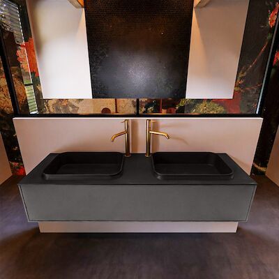 Badkamermeubelset Mondiaz Erin 150 cm met 1 Lade met RIDGE Wastafel Dubbel Urban met 2 kraangaten Greeploos Mat Dark Grey