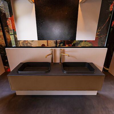 Badkamermeubelset Mondiaz Erin 150 cm met 1 Lade met RIDGE Wastafel Dubbel Urban met 2 kraangaten Greeploos Mat Rust