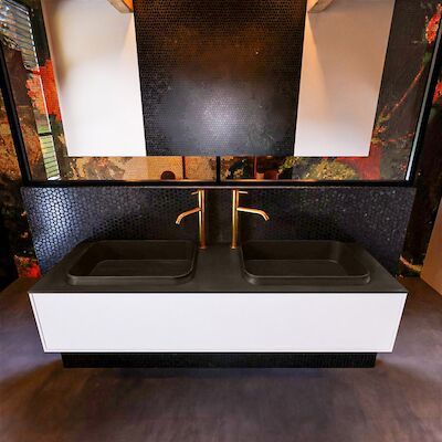 Badkamermeubelset Mondiaz Erin 150 cm met 1 Lade met RIDGE Wastafel Dubbel Urban met 2 kraangaten Greeploos Mat Talc