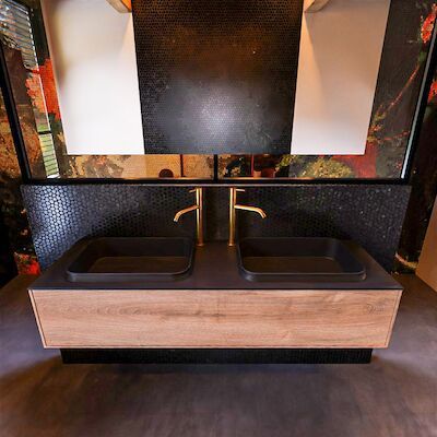 Badkamermeubelset Mondiaz Erin 150 cm met 1 Lade met RIDGE Wastafel Dubbel Urban met 2 kraangaten Greeploos Mat Washed Oak