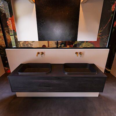 Badkamermeubelset Mondiaz Erin 150 cm met 1 Lade met RIDGE Wastafel Dubbel Urban Zonder Kraangaten Greeploos Mat Antracite