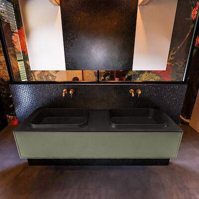 Badkamermeubelset Mondiaz Erin 150 cm met 1 Lade met RIDGE Wastafel Dubbel Urban Zonder Kraangaten Greeploos Mat Army