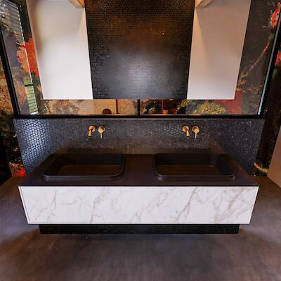 Badkamermeubelset Mondiaz Erin 150 cm met 1 Lade met RIDGE Wastafel Dubbel Urban Zonder Kraangaten Greeploos Mat Carrara