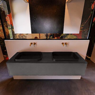 Badkamermeubelset Mondiaz Erin 150 cm met 1 Lade met RIDGE Wastafel Dubbel Urban Zonder Kraangaten Greeploos Mat Dark Grey