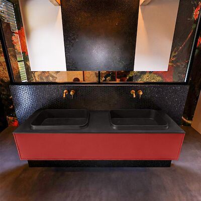 Badkamermeubelset Mondiaz Erin 150 cm met 1 Lade met RIDGE Wastafel Dubbel Urban Zonder Kraangaten Greeploos Mat Fire