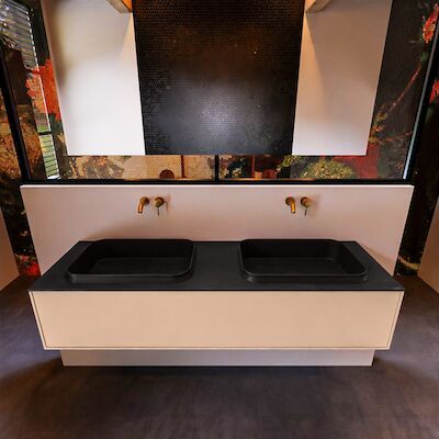 Badkamermeubelset Mondiaz Erin 150 cm met 1 Lade met RIDGE Wastafel Dubbel Urban Zonder Kraangaten Greeploos Mat Rosee