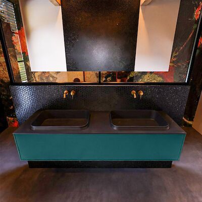 Badkamermeubelset Mondiaz Erin 150 cm met 1 Lade met RIDGE Wastafel Dubbel Urban Zonder Kraangaten Greeploos Mat Smag