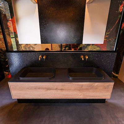 Badkamermeubelset Mondiaz Erin 150 cm met 1 Lade met RIDGE Wastafel Dubbel Urban Zonder Kraangaten Greeploos Mat Washed Oak