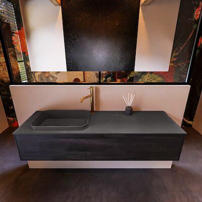 Badkamermeubelset Mondiaz Erin 150 cm met 1 Lade met RIDGE Wastafel Links Dark grey met 1 kraangat Greeploos Mat Antracite