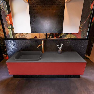 Badkamermeubelset Mondiaz Erin 150 cm met 1 Lade met RIDGE Wastafel Links Dark grey met 1 kraangat Greeploos Mat Fire