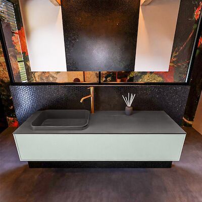 Badkamermeubelset Mondiaz Erin 150 cm met 1 Lade met RIDGE Wastafel Links Dark grey met 1 kraangat Greeploos Mat Greey