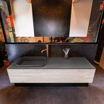 Badkamermeubelset Mondiaz Erin 150 cm met 1 Lade met RIDGE Wastafel Links Dark grey met 1 kraangat Greeploos Mat Light Brown Grey