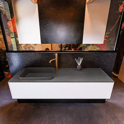 Badkamermeubelset Mondiaz Erin 150 cm met 1 Lade met RIDGE Wastafel Links Dark grey met 1 kraangat Greeploos Mat Talc