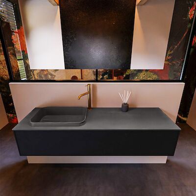 Badkamermeubelset Mondiaz Erin 150 cm met 1 Lade met RIDGE Wastafel Links Dark grey met 1 kraangat Greeploos Mat Urban