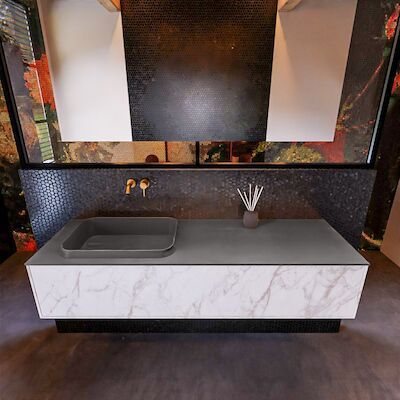 Badkamermeubelset Mondiaz Erin 150 cm met 1 Lade met RIDGE Wastafel Links Dark grey Zonder Kraangaten Greeploos Mat Carrara