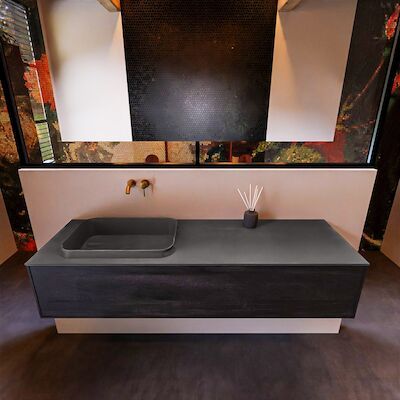 Badkamermeubelset Mondiaz Erin 150 cm met 1 Lade met RIDGE Wastafel Links Dark grey Zonder Kraangaten Greeploos Mat Dark Brown