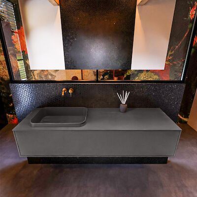 Badkamermeubelset Mondiaz Erin 150 cm met 1 Lade met RIDGE Wastafel Links Dark grey Zonder Kraangaten Greeploos Mat Dark Grey