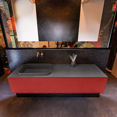 Badkamermeubelset Mondiaz Erin 150 cm met 1 Lade met RIDGE Wastafel Links Dark grey Zonder Kraangaten Greeploos Mat Fire