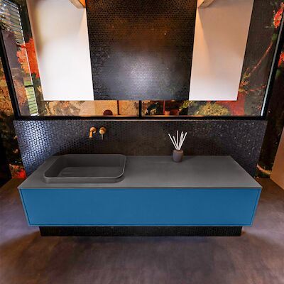Badkamermeubelset Mondiaz Erin 150 cm met 1 Lade met RIDGE Wastafel Links Dark grey Zonder Kraangaten Greeploos Mat Jeans