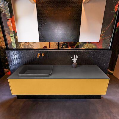 Badkamermeubelset Mondiaz Erin 150 cm met 1 Lade met RIDGE Wastafel Links Dark grey Zonder Kraangaten Greeploos Mat Ocher