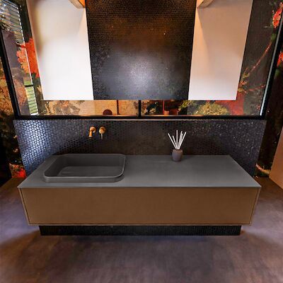 Badkamermeubelset Mondiaz Erin 150 cm met 1 Lade met RIDGE Wastafel Links Dark grey Zonder Kraangaten Greeploos Mat Rust
