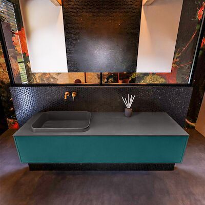 Badkamermeubelset Mondiaz Erin 150 cm met 1 Lade met RIDGE Wastafel Links Dark grey Zonder Kraangaten Greeploos Mat Smag