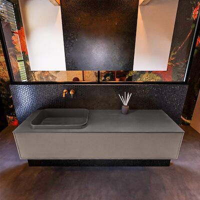 Badkamermeubelset Mondiaz Erin 150 cm met 1 Lade met RIDGE Wastafel Links Dark grey Zonder Kraangaten Greeploos Mat Smoke