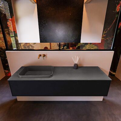 Badkamermeubelset Mondiaz Erin 150 cm met 1 Lade met RIDGE Wastafel Links Dark grey Zonder Kraangaten Greeploos Mat Urban