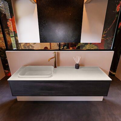 Badkamermeubelset Mondiaz Erin 150 cm met 1 Lade met RIDGE Wastafel Links Linen met 1 kraangat Greeploos Mat Antracite