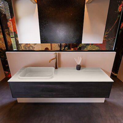 Badkamermeubelset Mondiaz Erin 150 cm met 1 Lade met RIDGE Wastafel Links Linen met 1 kraangat Greeploos Mat Dark Brown