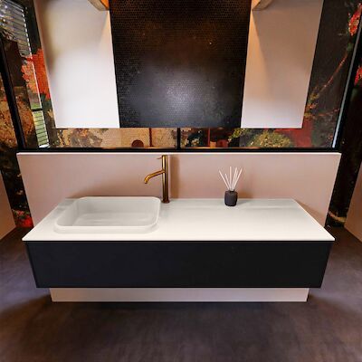 Badkamermeubelset Mondiaz Erin 150 cm met 1 Lade met RIDGE Wastafel Links Linen met 1 kraangat Greeploos Mat Urban