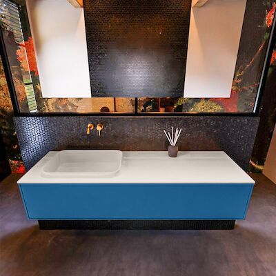 Badkamermeubelset Mondiaz Erin 150 cm met 1 Lade met RIDGE Wastafel Links Linen Zonder Kraangaten Greeploos Mat Jeans
