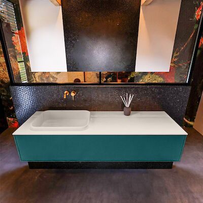 Badkamermeubelset Mondiaz Erin 150 cm met 1 Lade met RIDGE Wastafel Links Linen Zonder Kraangaten Greeploos Mat Smag