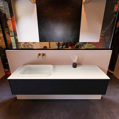 Badkamermeubelset Mondiaz Erin 150 cm met 1 Lade met RIDGE Wastafel Links Linen Zonder Kraangaten Greeploos Mat Urban