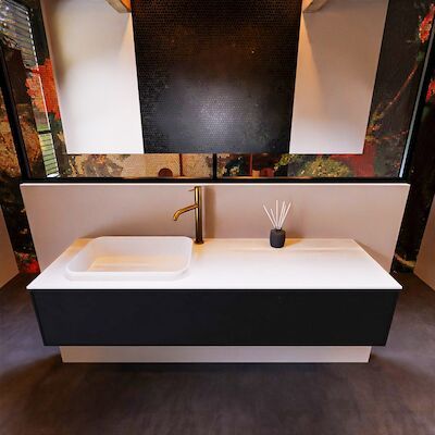Badkamermeubelset Mondiaz Erin 150 cm met 1 Lade met RIDGE Wastafel Links Talc met 1 kraangat Greeploos Mat Urban