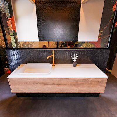 Badkamermeubelset Mondiaz Erin 150 cm met 1 Lade met RIDGE Wastafel Links Talc met 1 kraangat Greeploos Mat Washed Oak