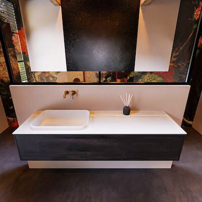 Badkamermeubelset Mondiaz Erin 150 cm met 1 Lade met RIDGE Wastafel Links Talc Zonder Kraangaten Greeploos Mat Dark Brown