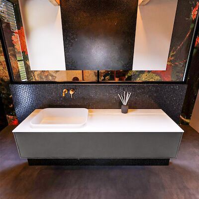 Badkamermeubelset Mondiaz Erin 150 cm met 1 Lade met RIDGE Wastafel Links Talc Zonder Kraangaten Greeploos Mat Dark Grey