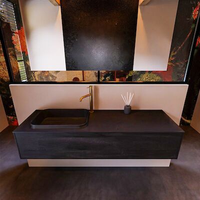 Badkamermeubelset Mondiaz Erin 150 cm met 1 Lade met RIDGE Wastafel Links Urban met 1 kraangat Greeploos Mat Antracite